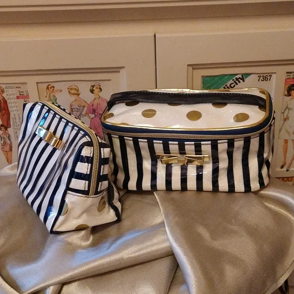 Cosmetic bag set gold striped, dotted and navy - Picture 1 of 8